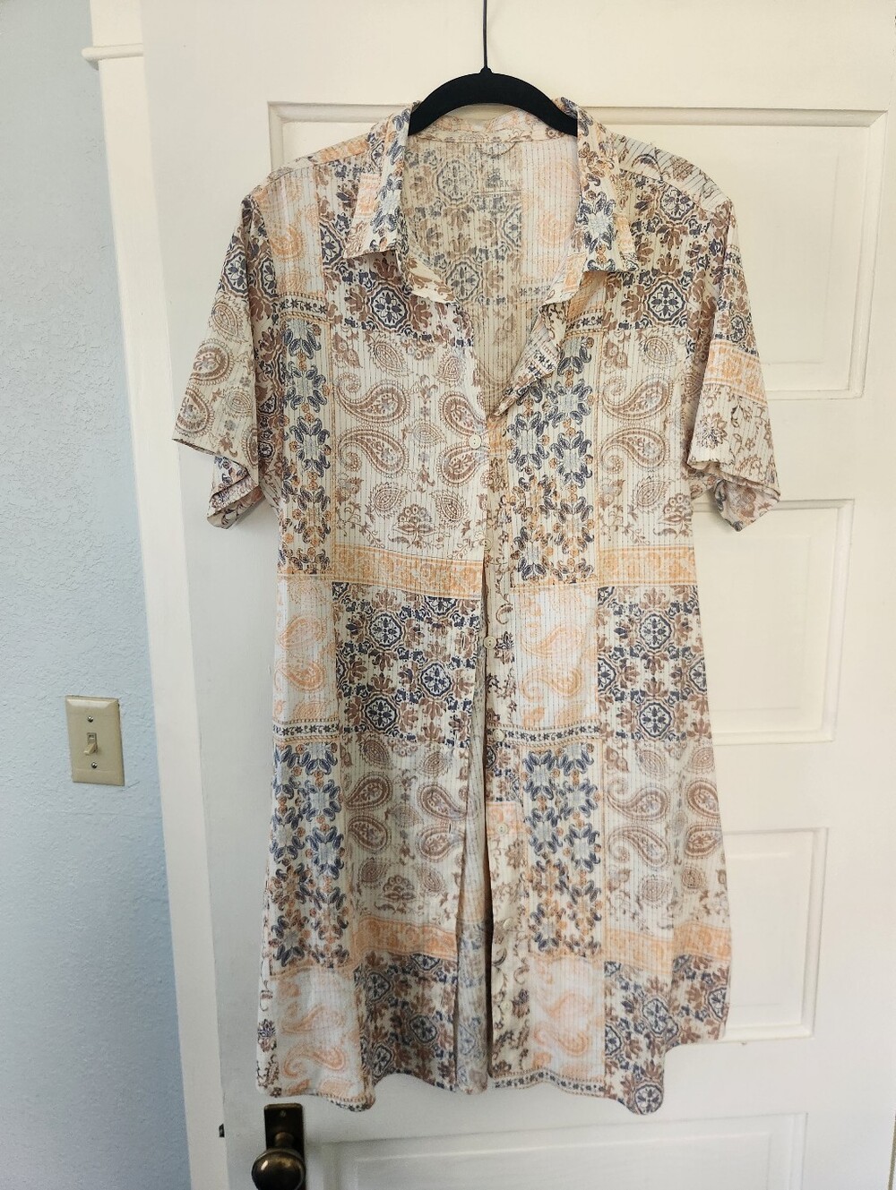 Roark Bless Up Lightweight Beige Patchwork Print Short-Sleeve Shirt Dress